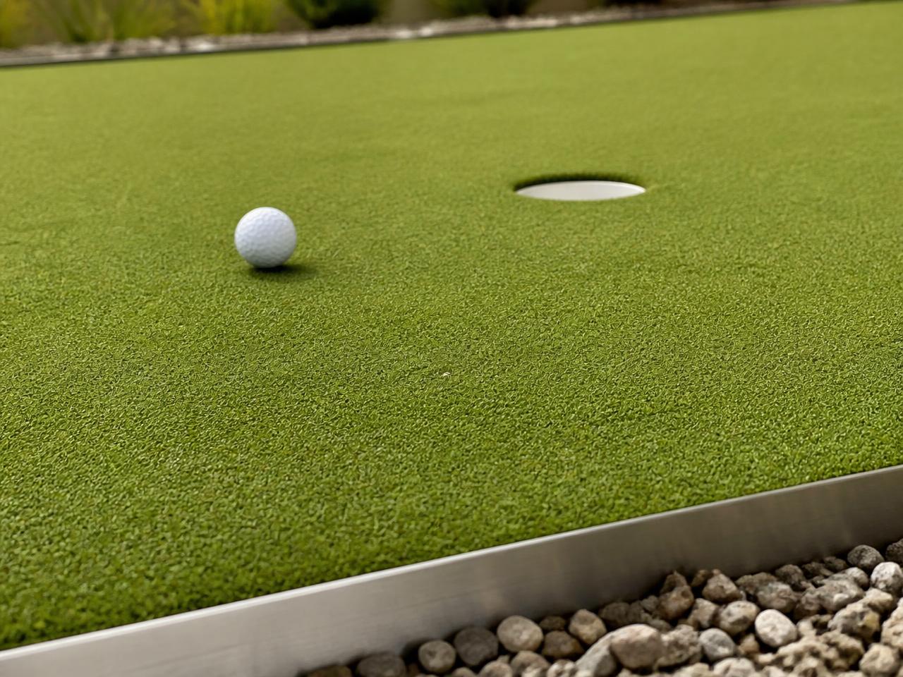 Close-up of a putting green cup with steel border detail