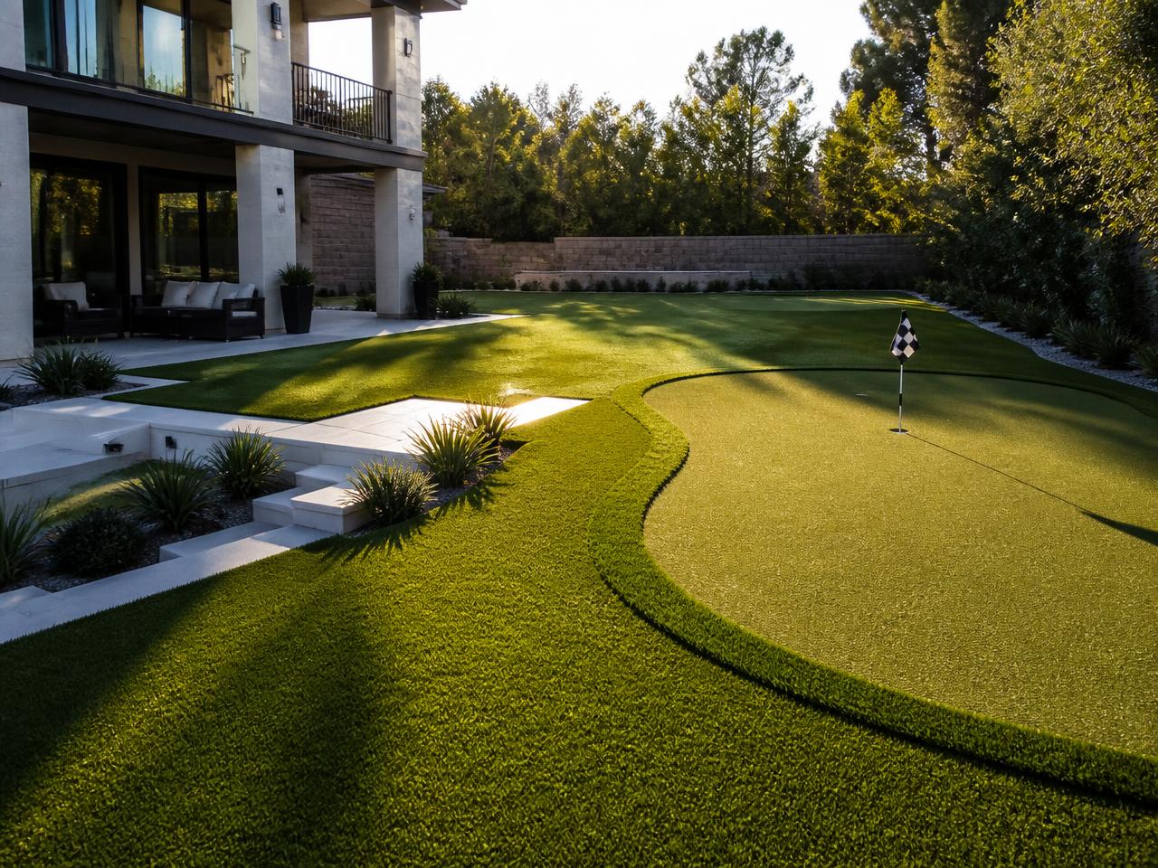Custom artificial turf lawn and putting green in a Houston-area backyard